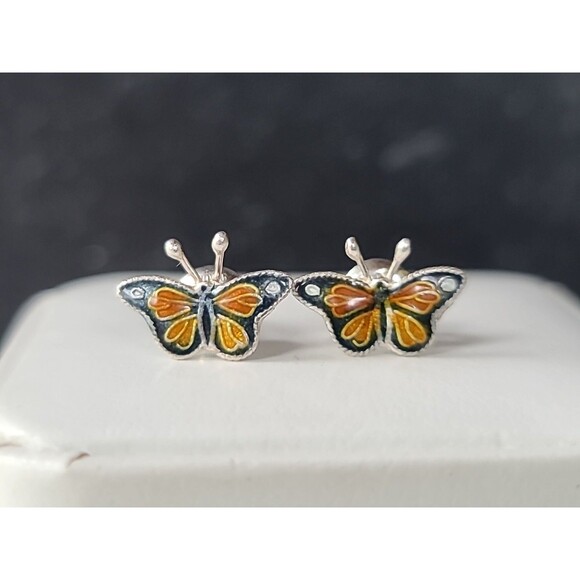 925 Sterling Silver Enamel Butterfly Stud Earrings Vintage - Picture 1 of 10